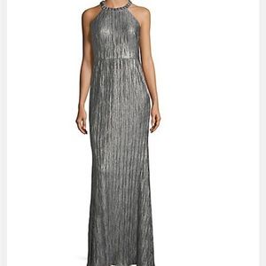 Adrianna Papell Crinkled Silver floor length halter gown